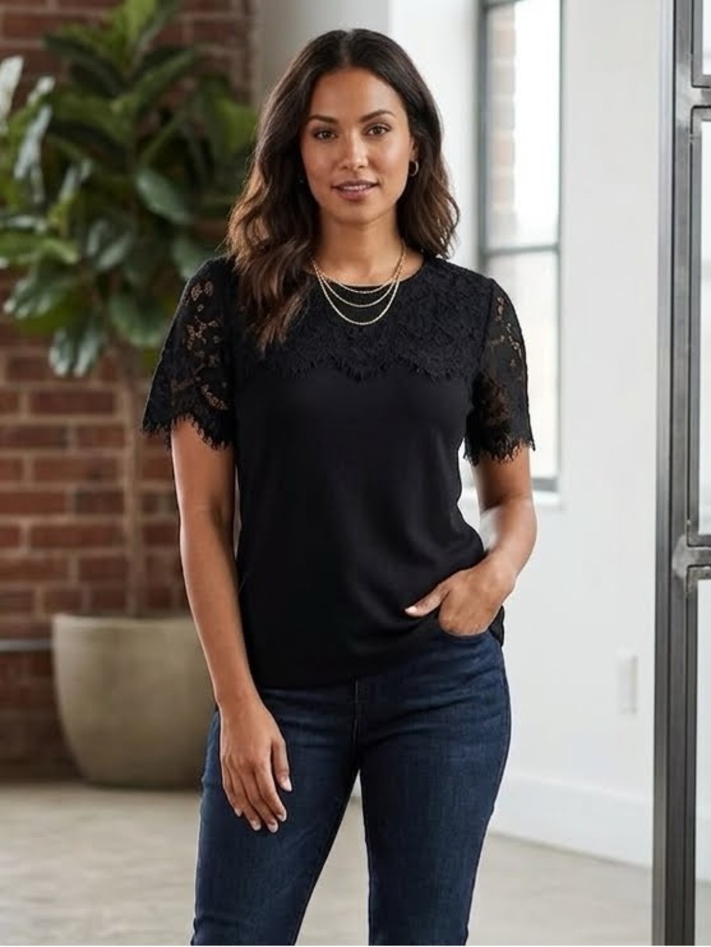 Laura Scott Cotton Black w/ Lace Yoke Short Sleeve Blouse Size S/M